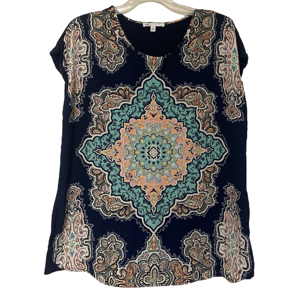 DR2 Cuff Short Sleeve Radial Floral Mixed Media Blouse - Size L